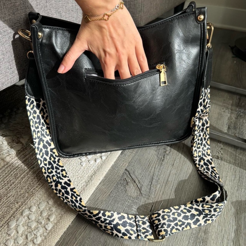 NEW VEGAN LEATHER Black Leather Shoulder Bag with Animal Print Strap